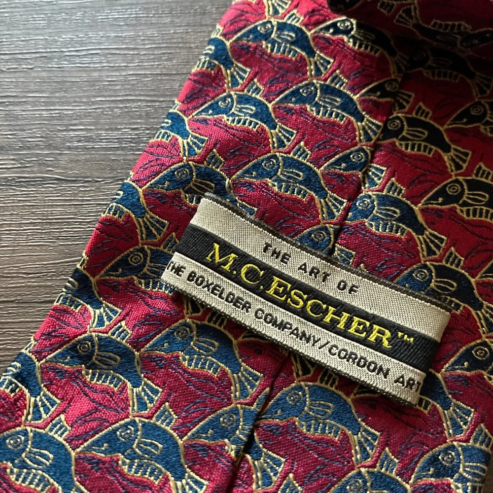 M.C. Escher Fish Tessellation Silk Tie One Size Red Navy Mens Made in Italy